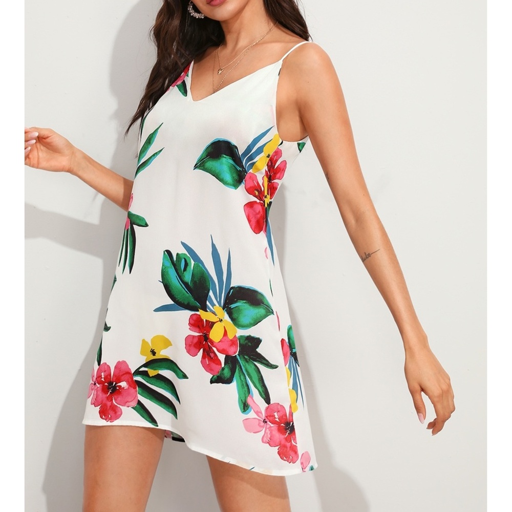 White Tropical Floral Print Shift Cami Sundress